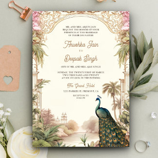 Invitation Élégant Vintage Peacock Garden Mariage indien