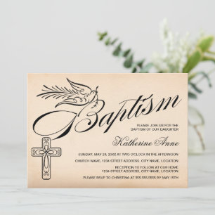 Invitation Élégant Vintage Script Cross et Dove Baptism