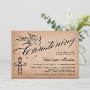 Invitation Elégant Vintage Script Cross et Dove Christening