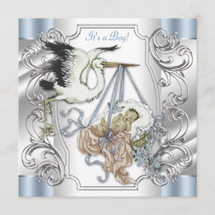 Invitation Élégant Vintage Stork Bébé Garçon Argent et Bleu