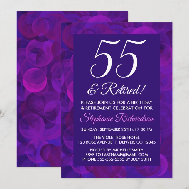 Invitation Elegant Violet 55 et Fête de Retraite Retraité (Devant / Derrière)