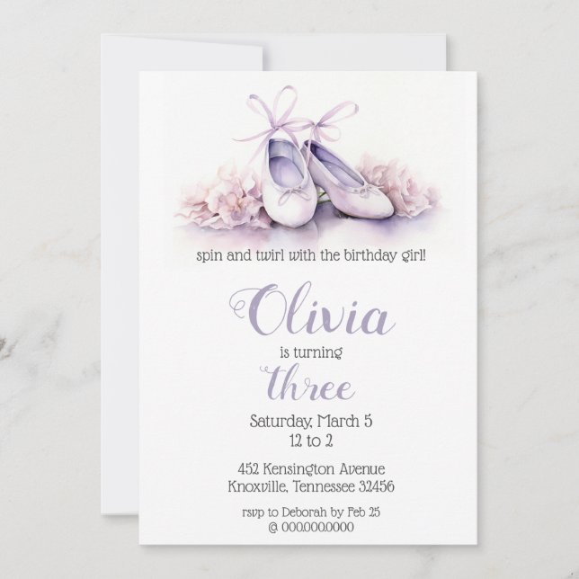 Invitation Elégant violet Ballet Chaussures Ballerina Anniver (Devant)