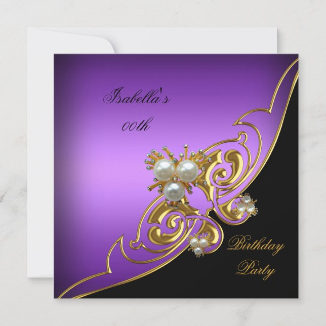 Invitation Elégant violet blanc Black Gold Pearl Anniversaire (Devant)