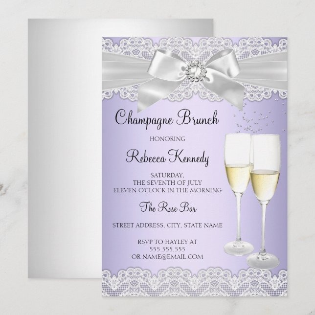 Invitation Élégant violet blanc dentelle Champagne Brunch Inv (Devant / Derrière)