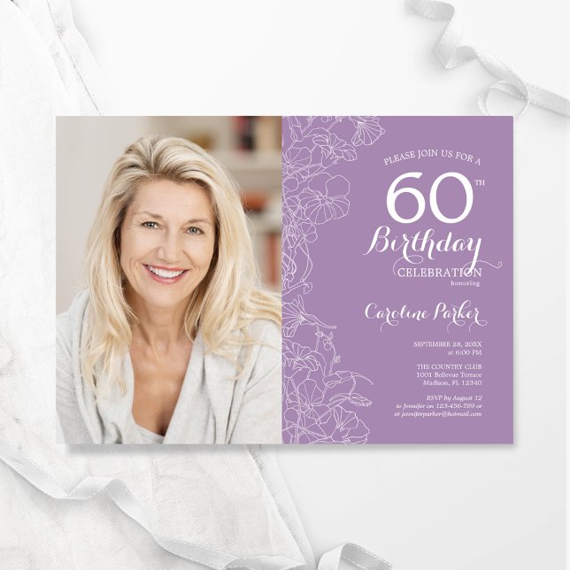 Invitation Elégant violet blanc floral photo 60e anniversaire (Créateur téléchargé)