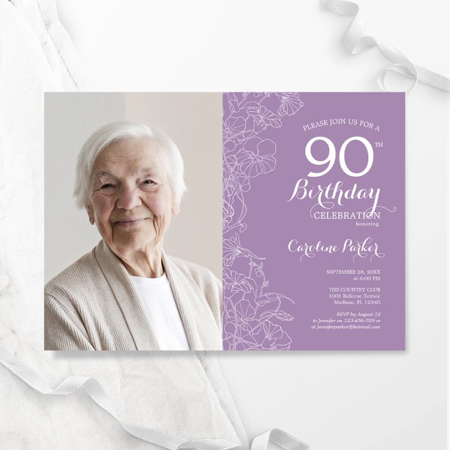 Invitation Elégant violet blanc floral photo 90e anniversaire (Créateur téléchargé)