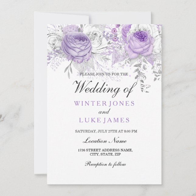 Invitation Elégant violet blanc hiver mariage floral Invitati (Devant)