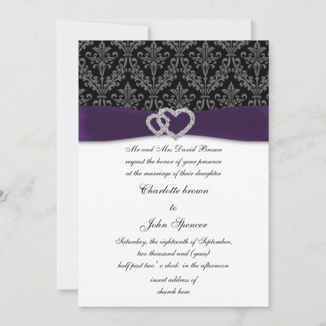 Invitation Élégant violet Damask Diamante Mariage (Devant)