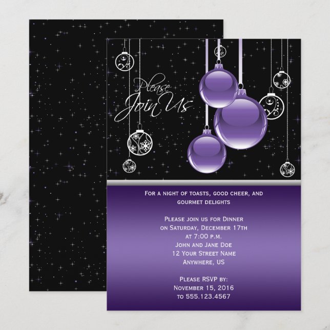 Invitation Élégant violet et argent sur la partie noire (Devant / Derrière)
