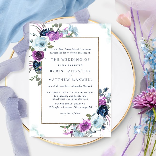 Invitation Élégant violet et bleu Floral Mariage officiel (Créateur téléchargé)