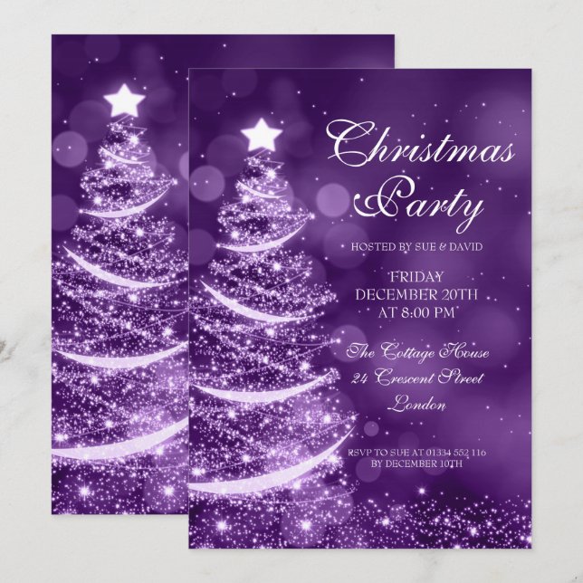 Invitation Élégant violet fête de Noël étincelante (Devant / Derrière)
