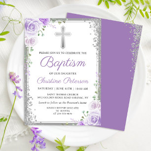 Invitation Élégant Violet Floral Argent Parties scintillant f