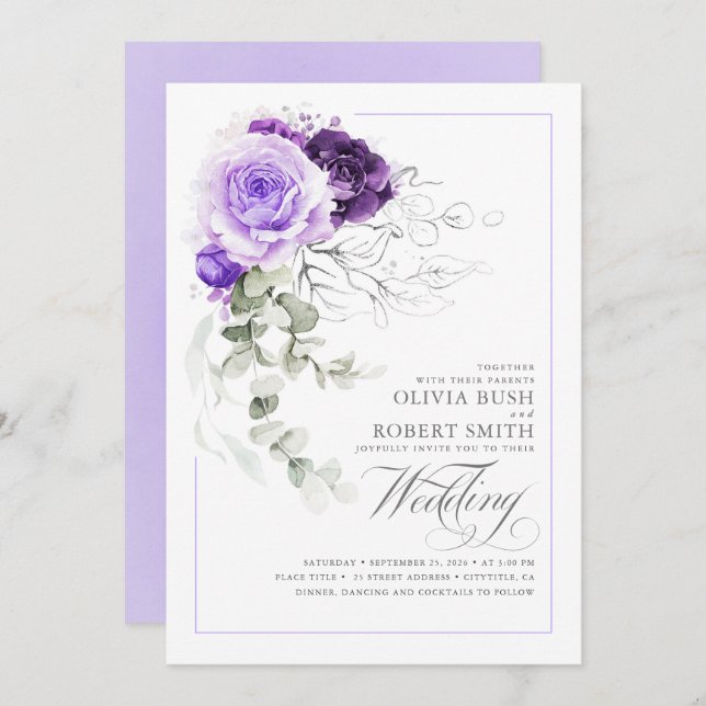 Invitation Élégant violet Floral Argent vert Boho Mariage (Devant / Derrière)