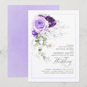 Invitation Élégant violet Floral Argent vert Boho Mariage