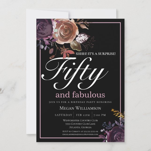 Invitation Elégant violet floral cinquante et fabuleux annive (Devant)