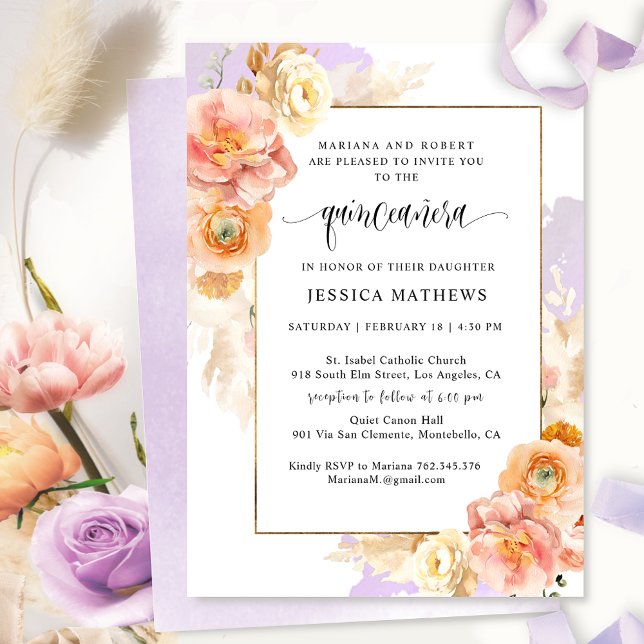 Invitation Elégant, violet Floral et aquarelle Quinceañera (Créateur téléchargé)