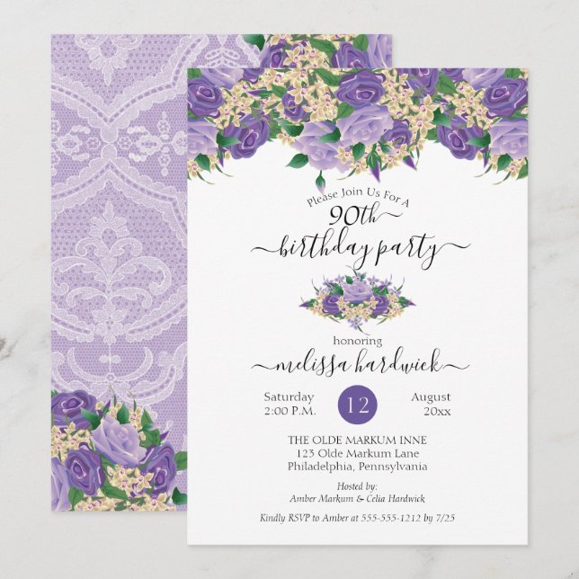 Invitation Élégant violet floral | Lace 90th Birthday Party (Devant / Derrière)