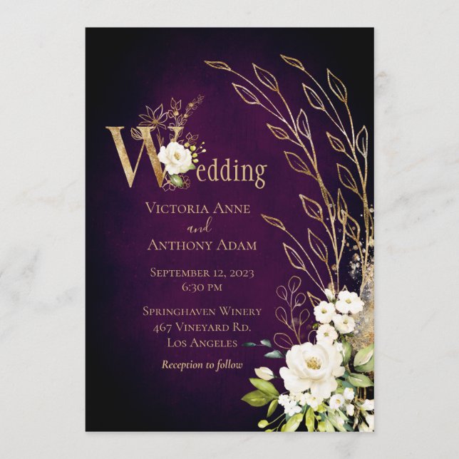 Invitation Élégant violet Floral Rustic Script Mariage (Devant)