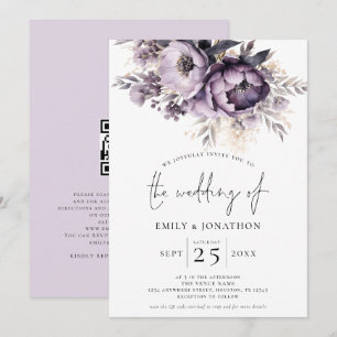 Invitation Élégant violet florale Lilac QR Code Mariage