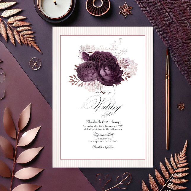 Invitation Élégant violet foncé et Rose or Mariage floral (Elegant Dark Purple and Rose Gold Floral Wedding Invitation)
