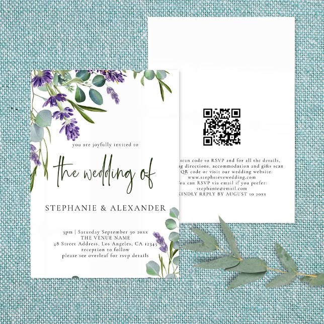 Invitation Élégant violet lavande Floral QR Code Mariage (Créateur téléchargé)