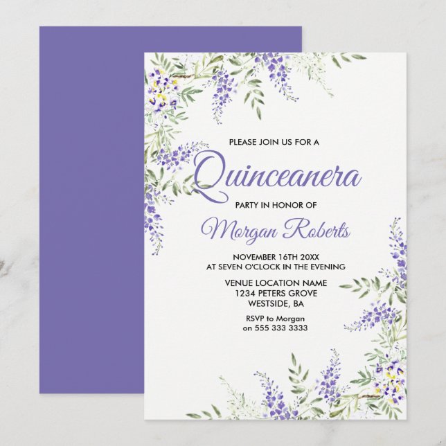 Invitation Élégant violet lavande Floral Quinceanera Invitati (Devant / Derrière)