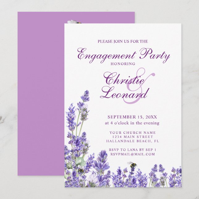 Invitation Élégant violet Lavander Fleurs Mariage Fiançailles (Devant / Derrière)
