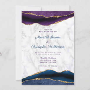 Invitation Élégant violet marine Gold Agate Mariage en marbre