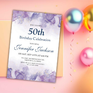 Invitation Elégant violet moderne et or floral 50e anniversai