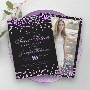Invitation Élégant violet noir Confetti Photo Sweet 16