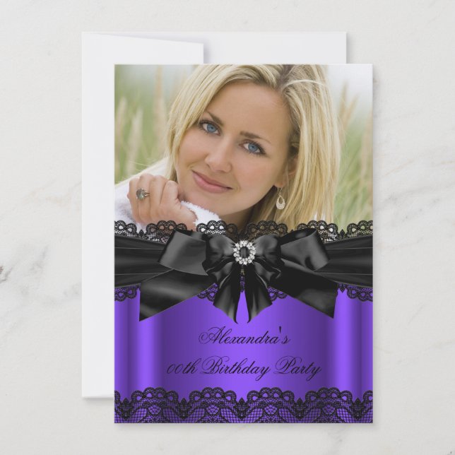 Invitation Elégant violet noir dentelle diamant Bow Anniversa (Devant)