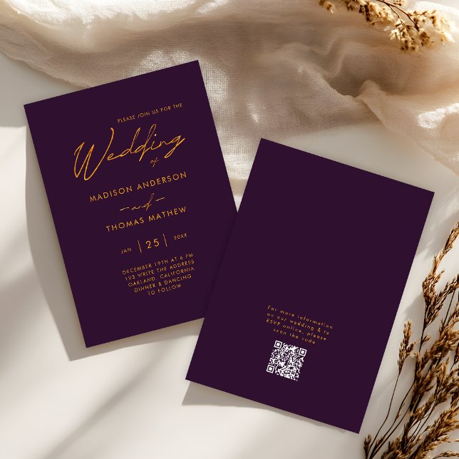 Invitation Elégant violet or moderne typographie Mariage RSVP (Front / Back)