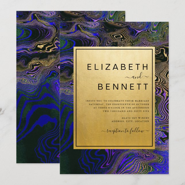 Invitation Élégant violet or noir Agate Mariage en marbre (Devant / Derrière)