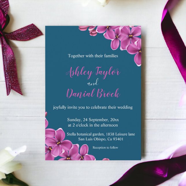 Invitation Elégant violet orchidée Mariage floral bleu (Créateur téléchargé)