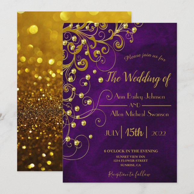 Invitation Élégant violet Parties scintillant or Mariage Fair (Devant / Derrière)