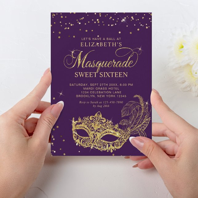 Invitation Elégant violet Parties scintillant or Masquerade S (Créateur téléchargé)