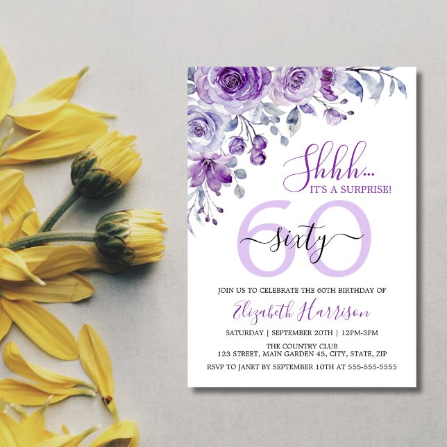 Invitation Elégant Violet Rose Floral Surprise Anniversaire (Créateur téléchargé)