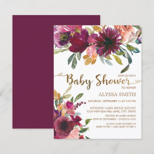Invitation Élégant violet rose or Baby shower de script Flora