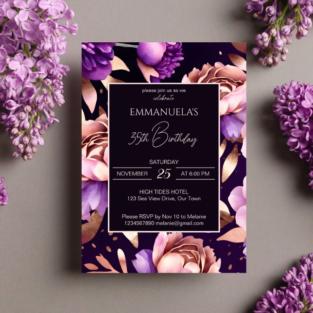 Invitation Élégant violet rose or fleuri modèle d'anniversair (Elegant purple rose gold peonies floral birthday editable template invitation digital download)