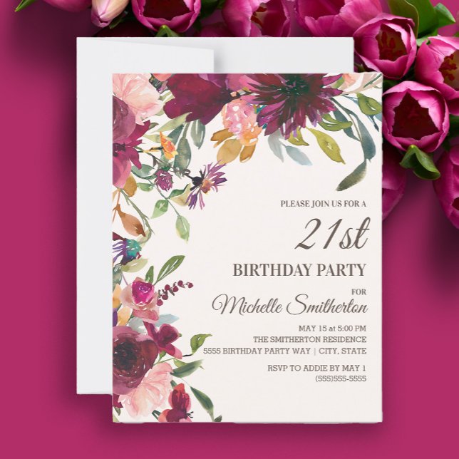 Invitation Élégant violet rose or floral 21e anniversaire (Burgundy and pink watercolor floral 21st birthday party invitation)