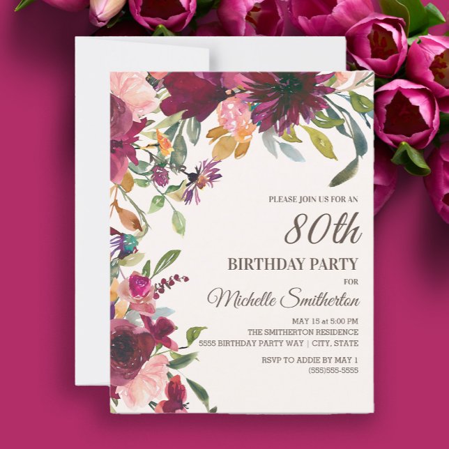 Invitation Elégant violet rose or floral 80e anniversaire (Burgundy and pink watercolor floral 80th birthday party invitation)