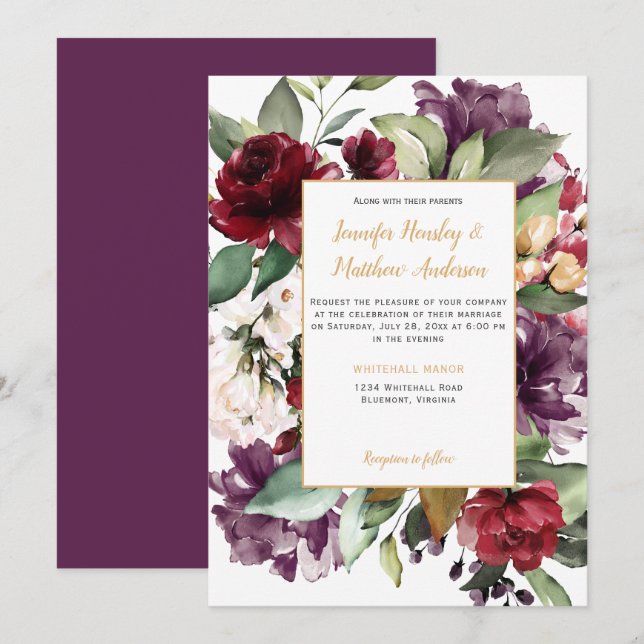 Invitation Élégant violet rouge or Mariage d'explosion floral (Devant / Derrière)