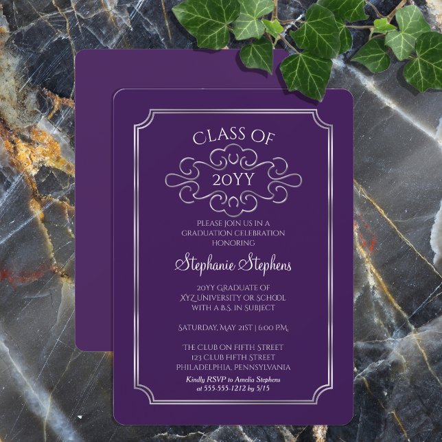 Invitation Élégant violet | Silver College Graduation Party (Elegant Purple and Silver Tone College or University Graduation Announcement and Party Invitation)