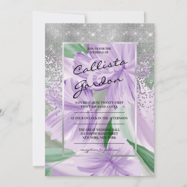 Invitation Élégant violet vert argenté Mariage de Parties sci (Devant)