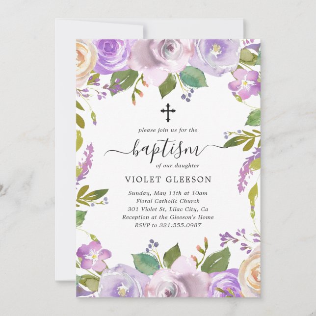 Invitation Élégant Violet Violet Floral Cross Girl Baptism (Devant)