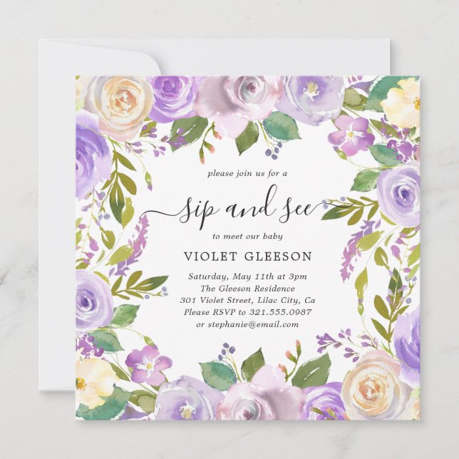 Invitation Élégant Violet violet Floral Girl Sip et voir (Devant)