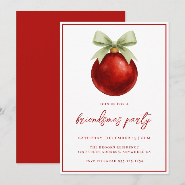 Invitation Elegant Watercolor Bauble & Bow Friendsmas Party (Devant / Derrière)