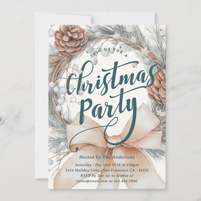 Invitation Elegant Watercolor Christmas Wreath Party (Devant)