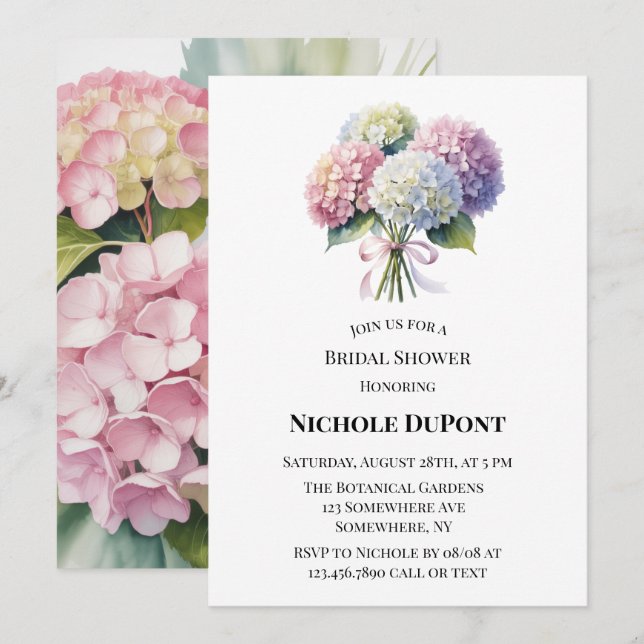 Invitation Elegant Watercolor Hydrangea Bridal Shower (Devant / Derrière)