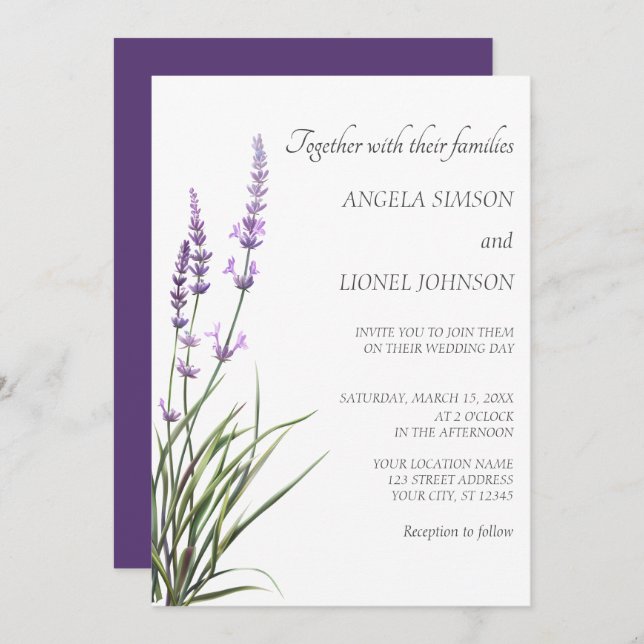 Invitation Elegant Watercolor Lavender Wedding  (Devant / Derrière)